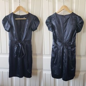 Silky shine black dress with layered cap sleeves